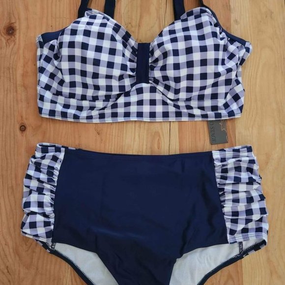 Plaid Spaghetti Strap Patchwork Bikini - Picture 2 of 3